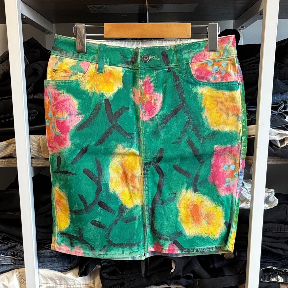 Anthropologie Lauren Garvey Bouganvillea Vines Handpainted Denim Skirt
